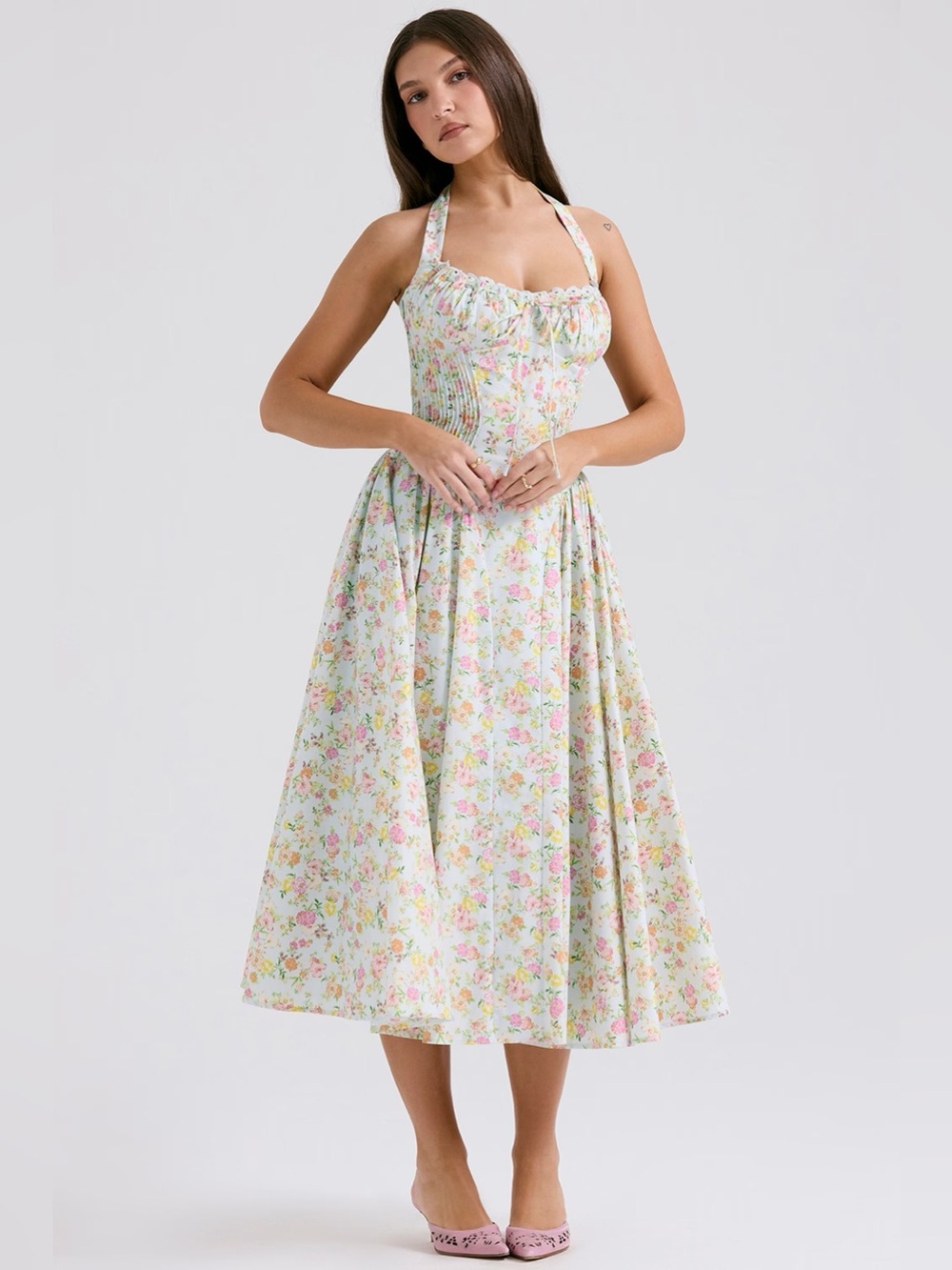NWT House of CB 
Adabella Pale Blue Meadow Print Cotton Halter Sundress